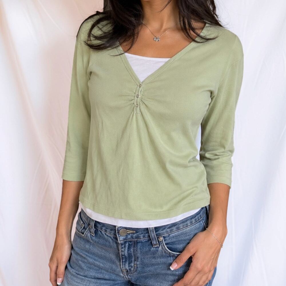 Y2K By Design Sage Green Faux Layered Ruched Henley Top Small